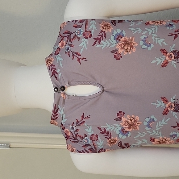 3/$30 MUDD 1990s Mod Lavendar Gray Sleeveless Choker Floral Trapeze Jumper Dress - Picture 7 of 10